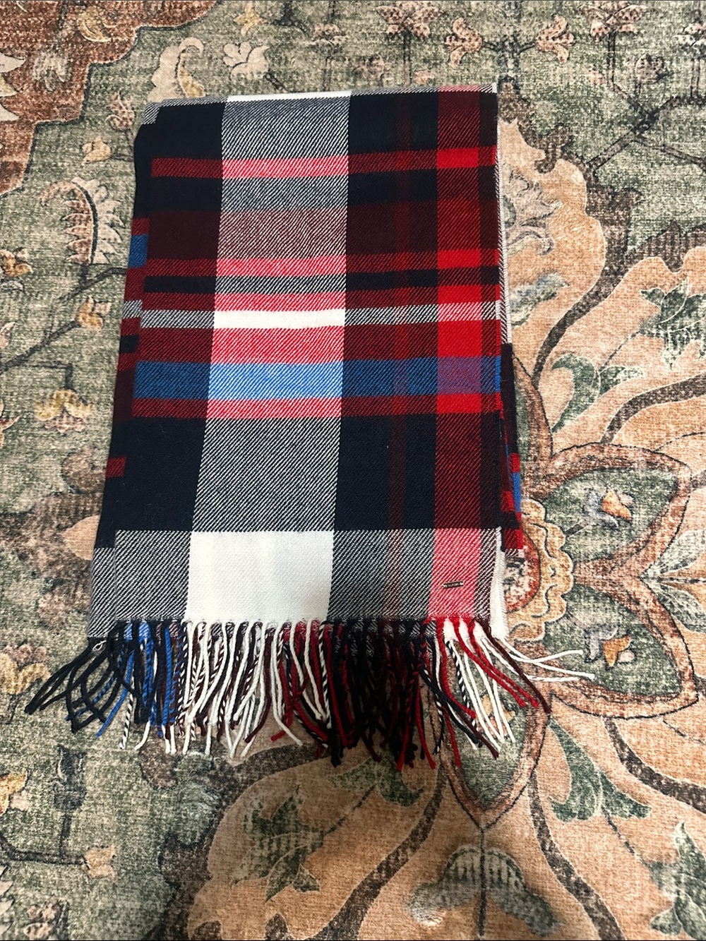 Tommy Hilfiger Red, Navy & White Plaid Fringe Scarf